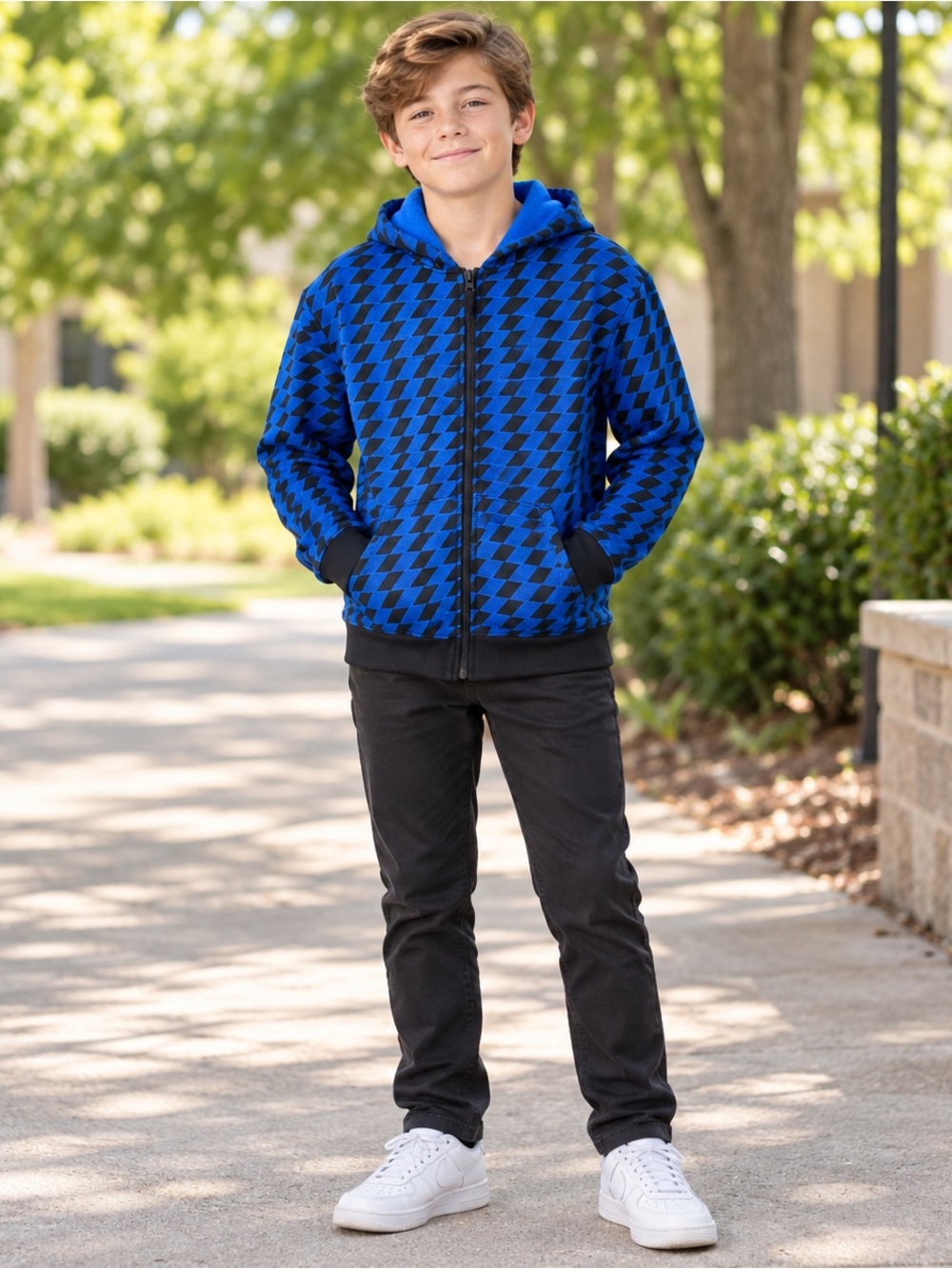 Epic Threads Boys L 14-16 Blue Black Geometric Fleece Zip Hoodie NWT